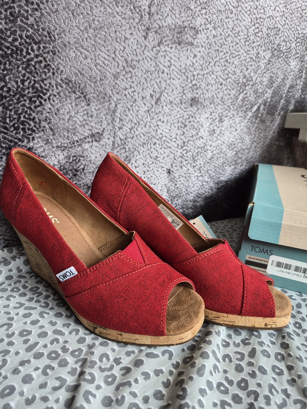 TOMS Red Peep-Toe Classic Wedge.  Crosshatch Jacquard. FREE Ship!